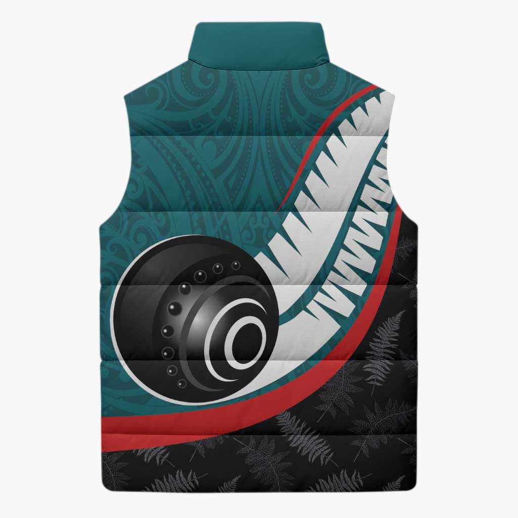 Personalised Aotearoa Lawn Bowls Sleeveless Puffer Jacket Maori and Silver Fern Sporty Style Teal Color - Aussie Hoodie
