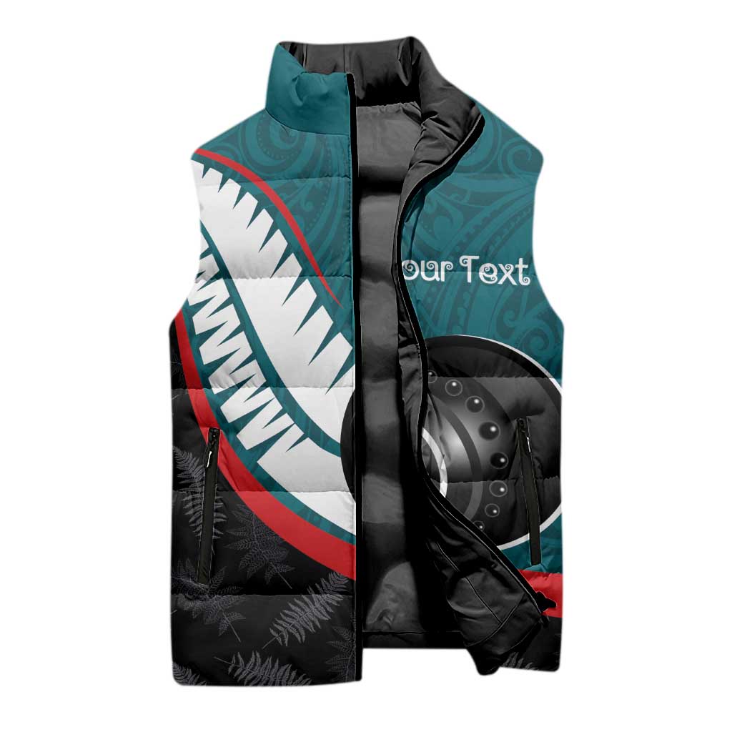Personalised Aotearoa Lawn Bowls Sleeveless Puffer Jacket Maori and Silver Fern Sporty Style Teal Color - Aussie Hoodie