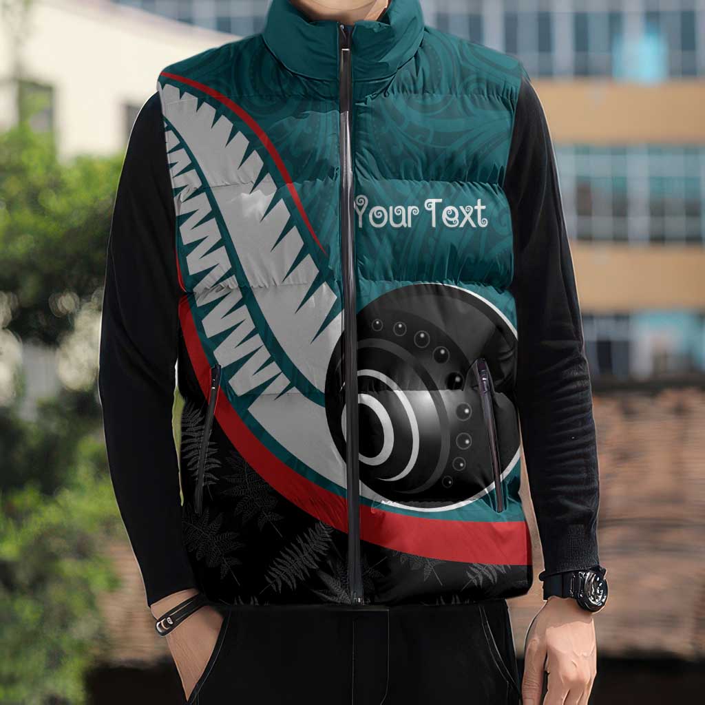 Personalised Aotearoa Lawn Bowls Sleeveless Puffer Jacket Maori and Silver Fern Sporty Style Teal Color - Aussie Hoodie