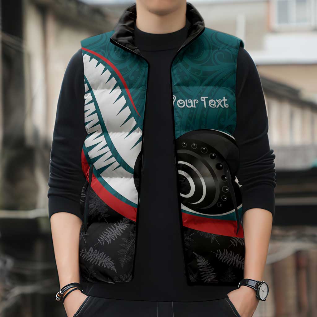 Personalised Aotearoa Lawn Bowls Sleeveless Puffer Jacket Maori and Silver Fern Sporty Style Teal Color - Aussie Hoodie