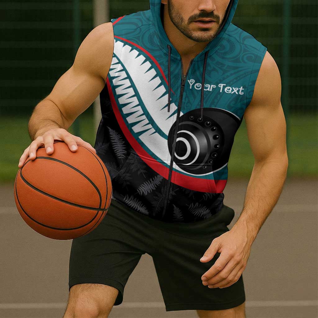 Personalised Aotearoa Lawn Bowls Sleeveless Zip Hoodie Maori and Silver Fern Sporty Style Teal Color - Aussie Hoodie