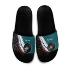 Personalised Aotearoa Lawn Bowls Slide Sandals Maori and Silver Fern Sporty Style Teal Color - Aussie Hoodie
