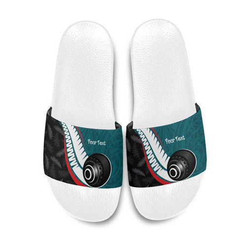 Personalised Aotearoa Lawn Bowls Slide Sandals Maori and Silver Fern Sporty Style Teal Color - Aussie Hoodie