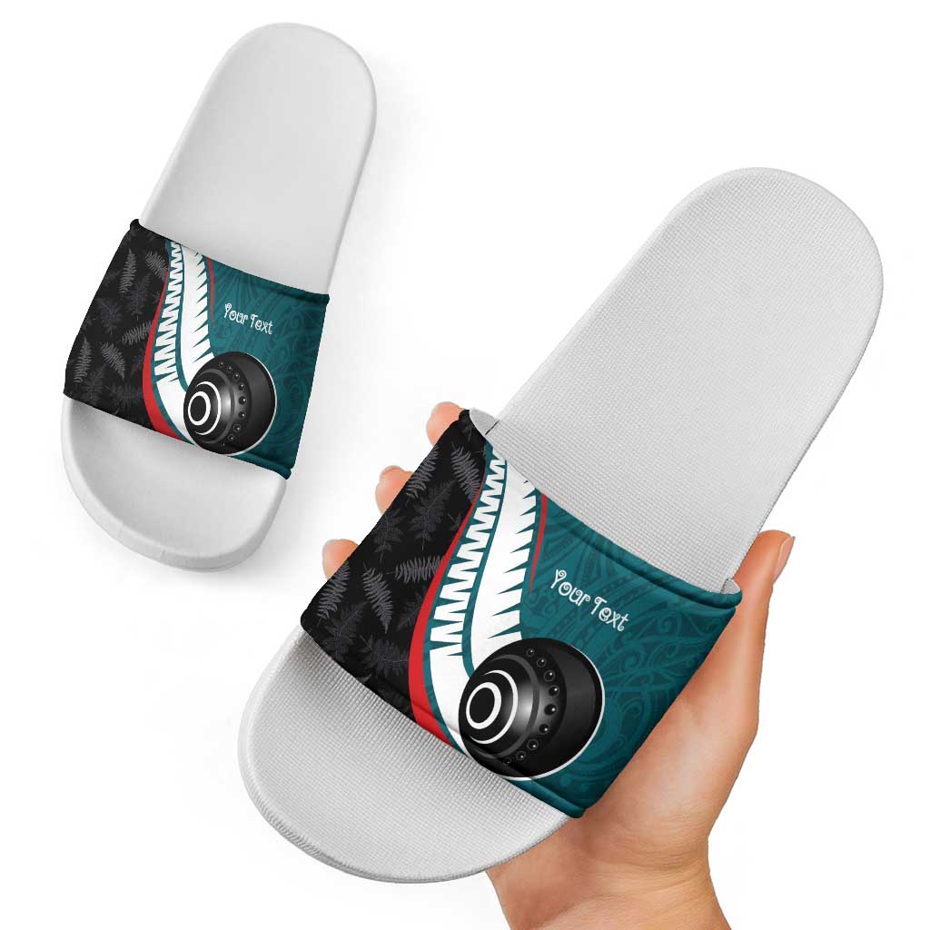 Personalised Aotearoa Lawn Bowls Slide Sandals Maori and Silver Fern Sporty Style Teal Color - Aussie Hoodie