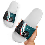 Personalised Aotearoa Lawn Bowls Slide Sandals Maori and Silver Fern Sporty Style Teal Color - Aussie Hoodie