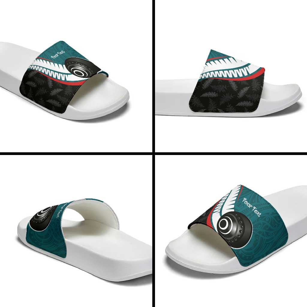 Personalised Aotearoa Lawn Bowls Slide Sandals Maori and Silver Fern Sporty Style Teal Color - Aussie Hoodie