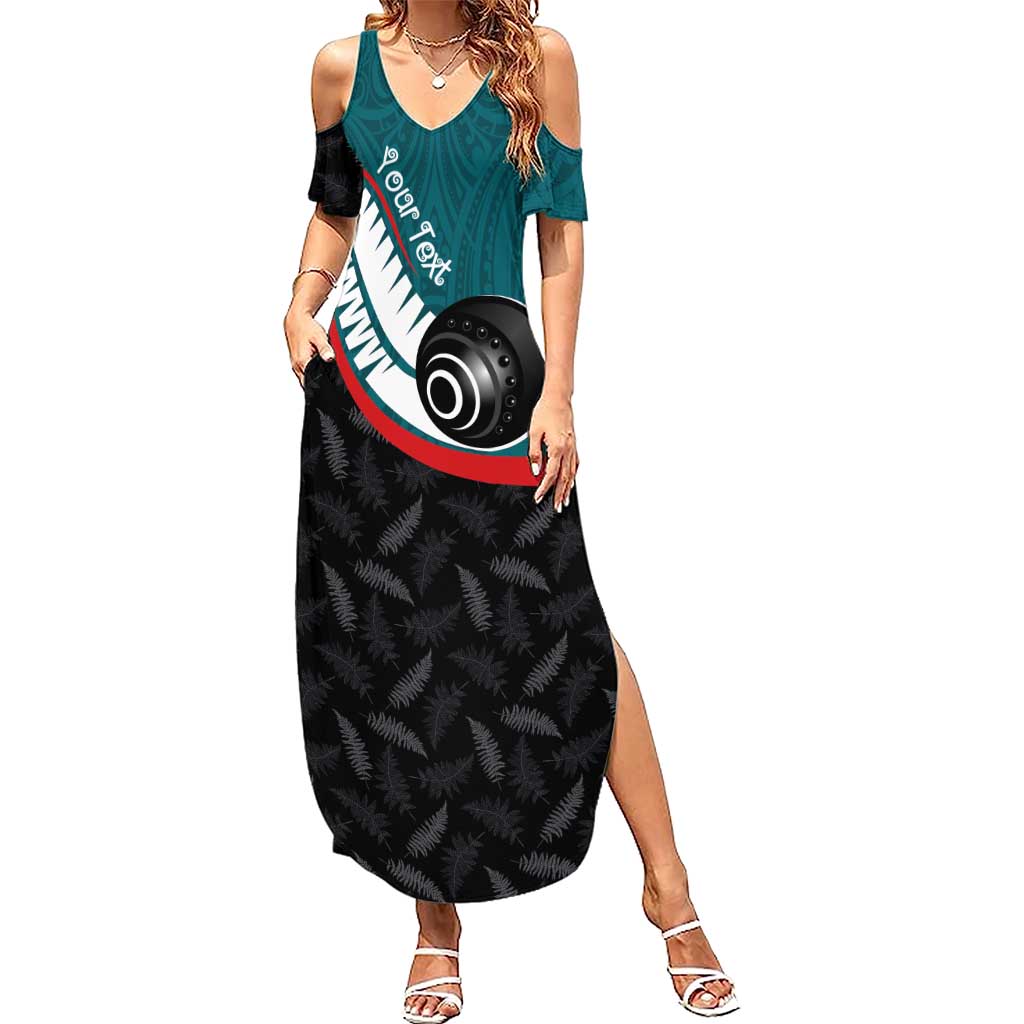 Personalised Aotearoa Lawn Bowls Summer Maxi Dress Maori and Silver Fern Sporty Style Teal Color - Aussie Hoodie