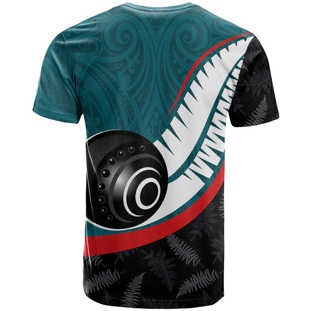 Personalised Aotearoa Lawn Bowls T Shirt Maori and Silver Fern Sporty Style Teal Color - Aussie Hoodie