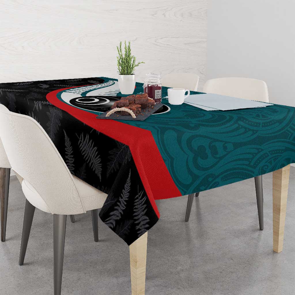 Personalised Aotearoa Lawn Bowls Tablecloth Maori and Silver Fern Sporty Style Teal Color - Aussie Hoodie