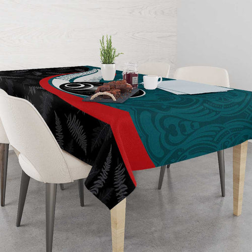 Personalised Aotearoa Lawn Bowls Tablecloth Maori and Silver Fern Sporty Style Teal Color - Aussie Hoodie