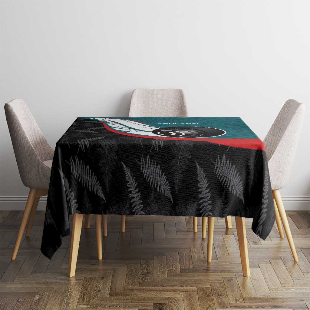 Personalised Aotearoa Lawn Bowls Tablecloth Maori and Silver Fern Sporty Style Teal Color - Aussie Hoodie