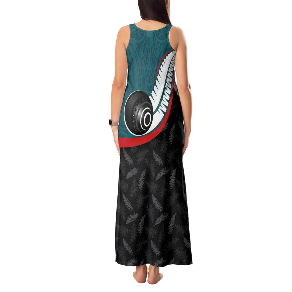 Personalised Aotearoa Lawn Bowls Tank Maxi Dress Maori and Silver Fern Sporty Style Teal Color - Aussie Hoodie