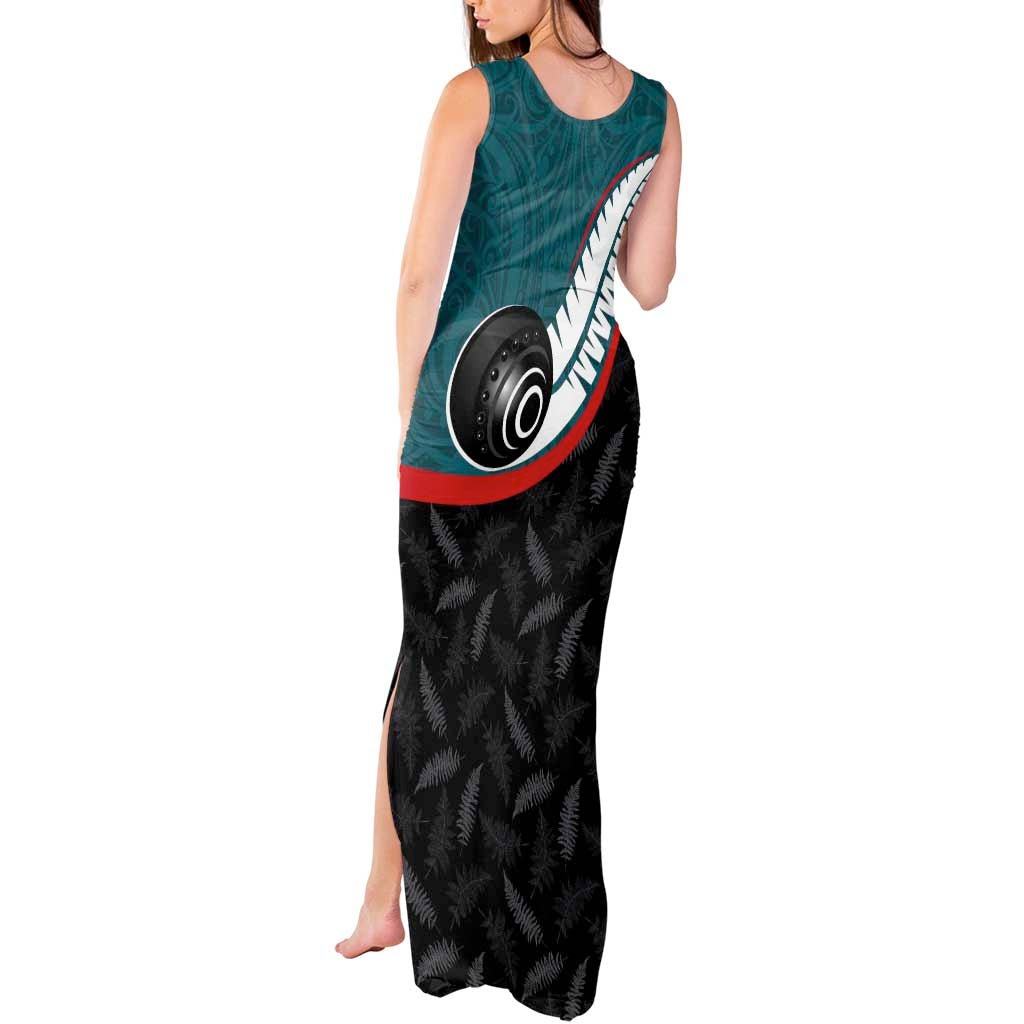Personalised Aotearoa Lawn Bowls Tank Maxi Dress Maori and Silver Fern Sporty Style Teal Color - Aussie Hoodie