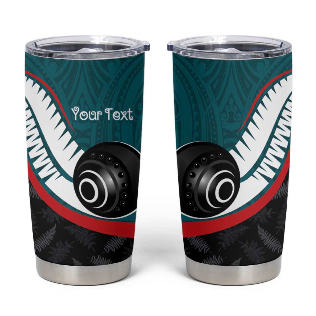 Personalised Aotearoa Lawn Bowls Tumbler Cup Maori and Silver Fern Sporty Style Teal Color - Aussie Hoodie