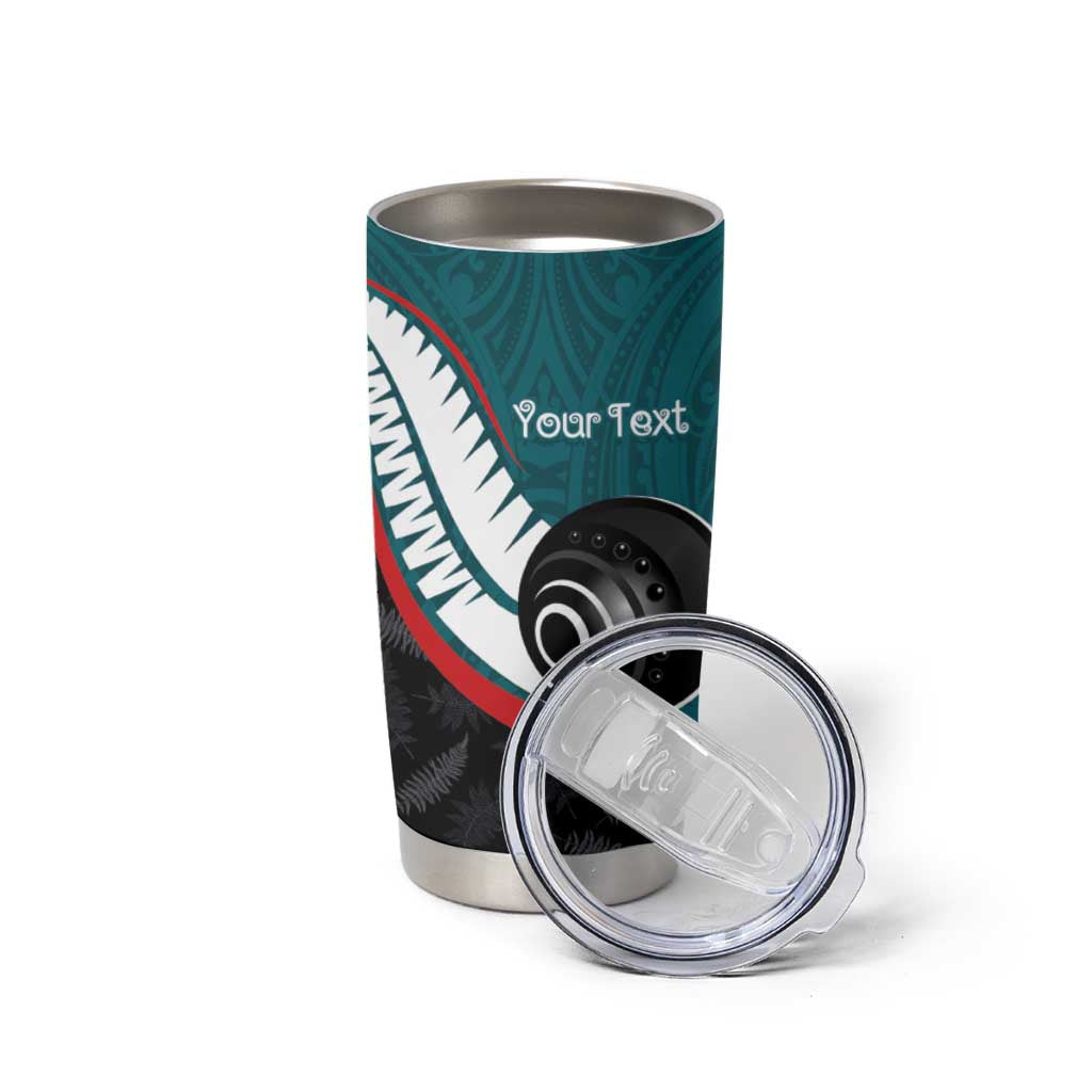 Personalised Aotearoa Lawn Bowls Tumbler Cup Maori and Silver Fern Sporty Style Teal Color - Aussie Hoodie
