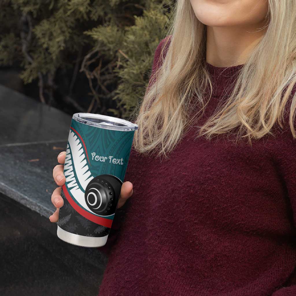 Personalised Aotearoa Lawn Bowls Tumbler Cup Maori and Silver Fern Sporty Style Teal Color - Aussie Hoodie