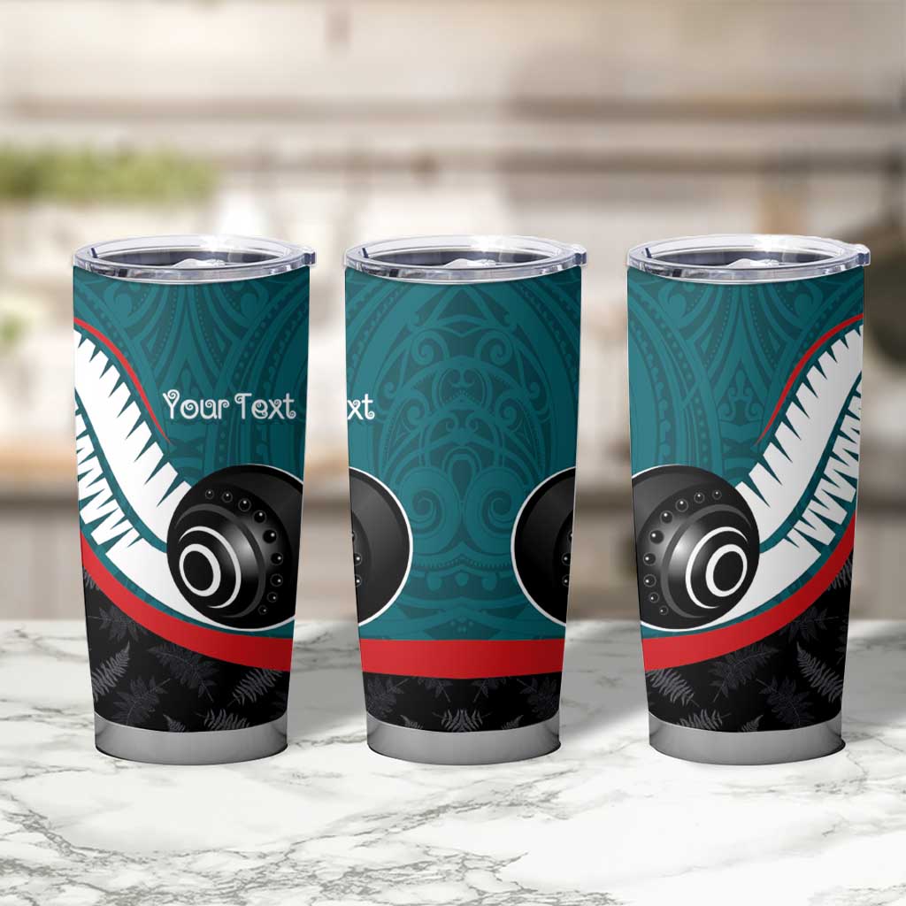 Personalised Aotearoa Lawn Bowls Tumbler Cup Maori and Silver Fern Sporty Style Teal Color - Aussie Hoodie