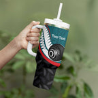 Personalised Aotearoa Lawn Bowls Tumbler With Handle Maori and Silver Fern Sporty Style Teal Color - Aussie Hoodie