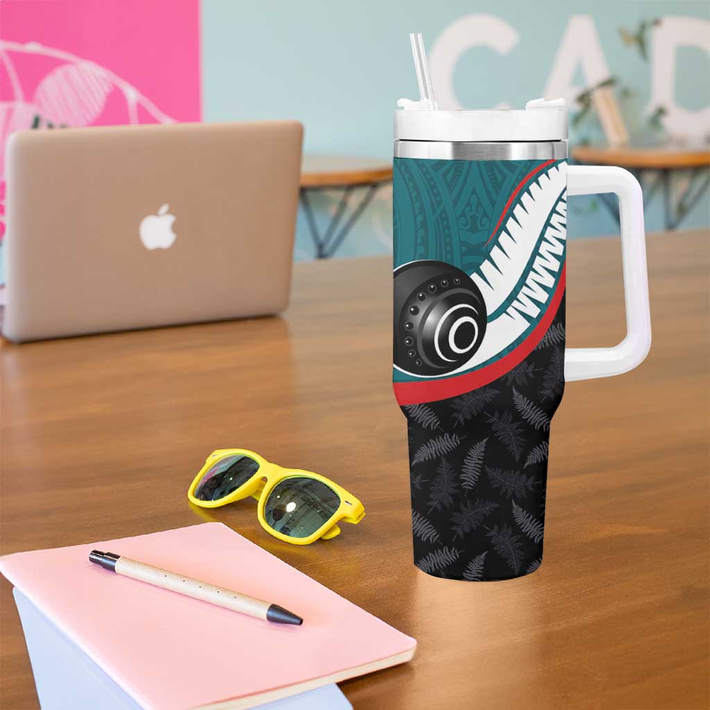 Personalised Aotearoa Lawn Bowls Tumbler With Handle Maori and Silver Fern Sporty Style Teal Color - Aussie Hoodie