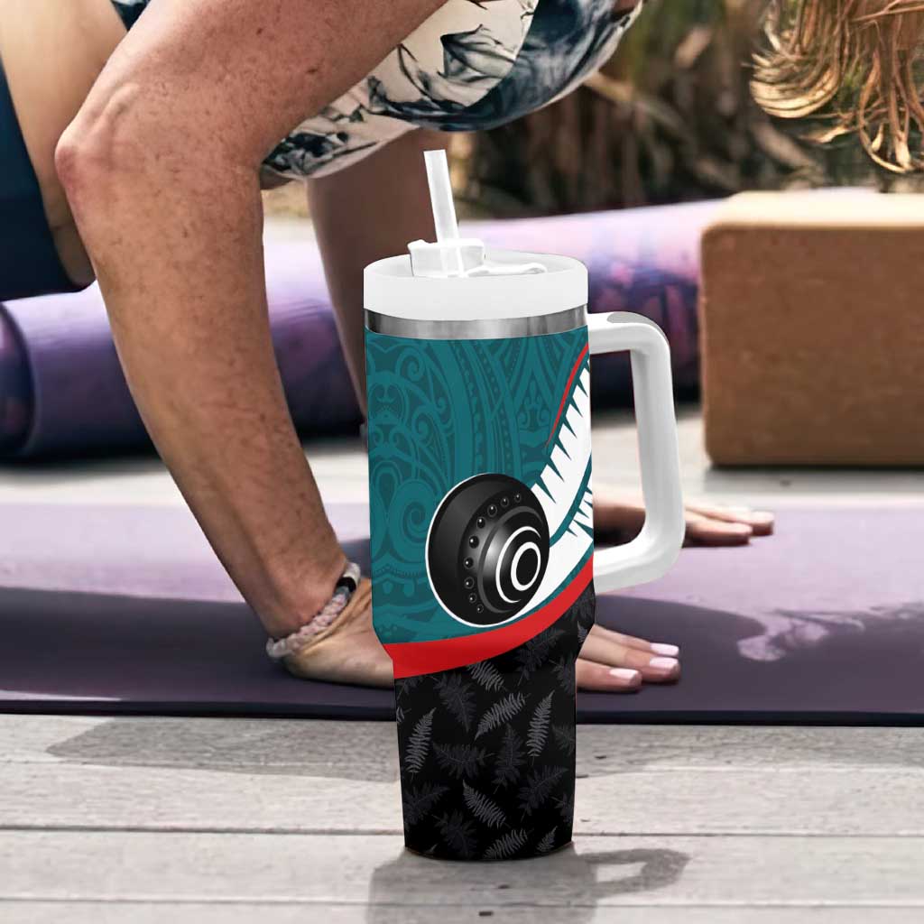 Personalised Aotearoa Lawn Bowls Tumbler With Handle Maori and Silver Fern Sporty Style Teal Color - Aussie Hoodie