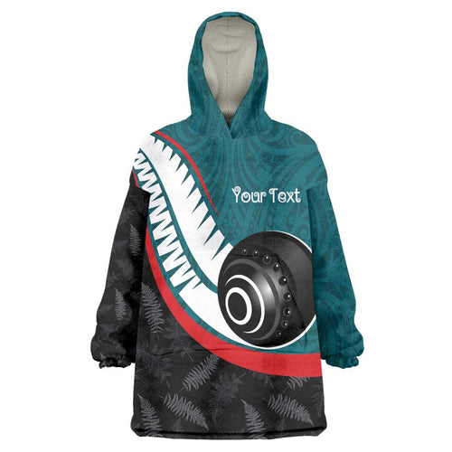 Personalised Aotearoa Lawn Bowls Wearable Blanket Hoodie Maori and Silver Fern Sporty Style Teal Color - Aussie Hoodie