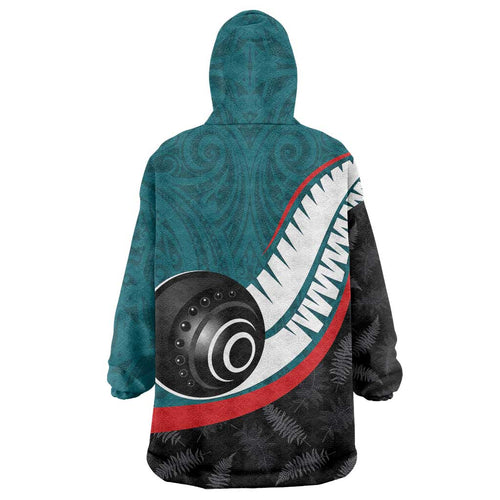 Personalised Aotearoa Lawn Bowls Wearable Blanket Hoodie Maori and Silver Fern Sporty Style Teal Color - Aussie Hoodie