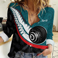 Personalised Aotearoa Lawn Bowls Women Casual Shirt Maori and Silver Fern Sporty Style Teal Color - Aussie Hoodie