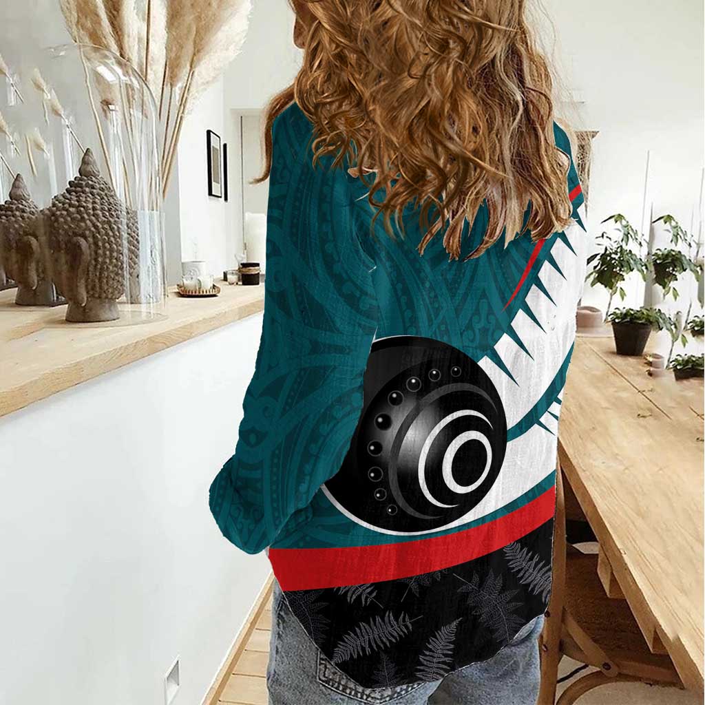 Personalised Aotearoa Lawn Bowls Women Casual Shirt Maori and Silver Fern Sporty Style Teal Color - Aussie Hoodie