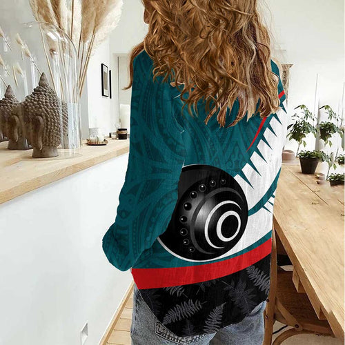 Personalised Aotearoa Lawn Bowls Women Casual Shirt Maori and Silver Fern Sporty Style Teal Color - Aussie Hoodie