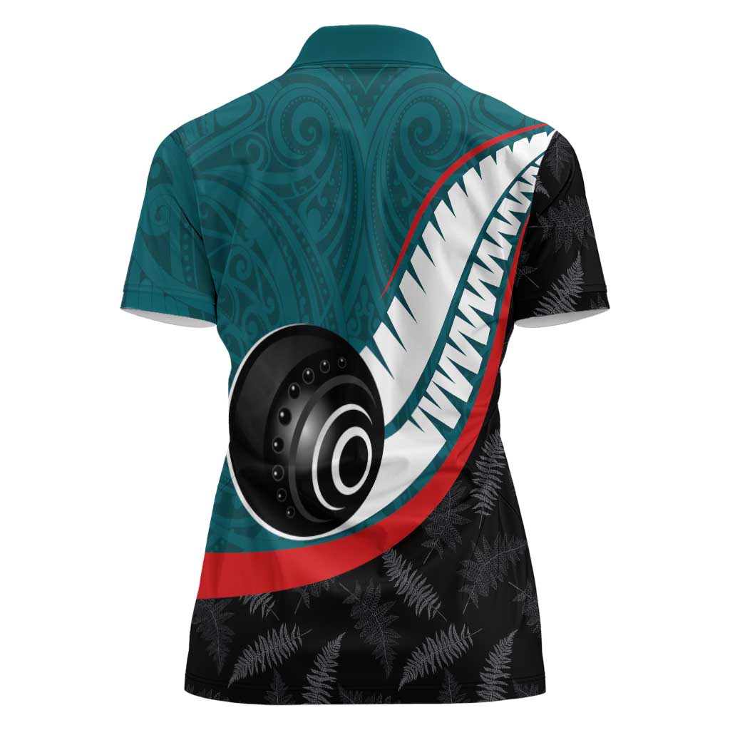 Personalised Aotearoa Lawn Bowls Women Polo Shirt Maori and Silver Fern Sporty Style Teal Color - Aussie Hoodie