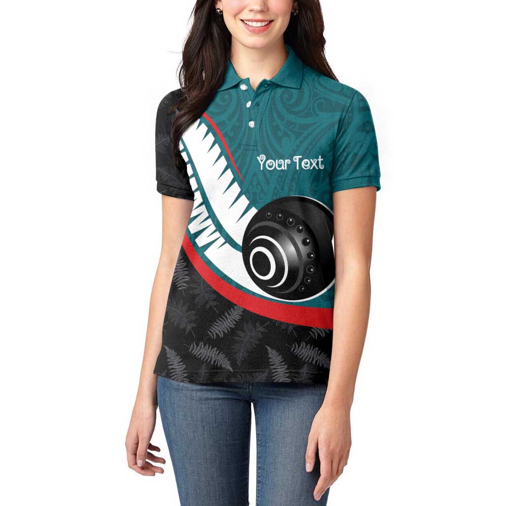 Personalised Aotearoa Lawn Bowls Women Polo Shirt Maori and Silver Fern Sporty Style Teal Color - Aussie Hoodie