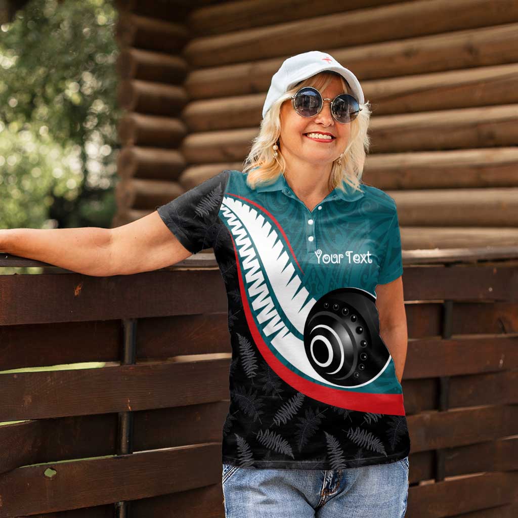 Personalised Aotearoa Lawn Bowls Women Polo Shirt Maori and Silver Fern Sporty Style Teal Color - Aussie Hoodie