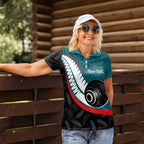 Personalised Aotearoa Lawn Bowls Women Polo Shirt Maori and Silver Fern Sporty Style Teal Color - Aussie Hoodie