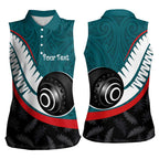 Personalised Aotearoa Lawn Bowls Women Sleeveless Polo Shirt Maori and Silver Fern Sporty Style Teal Color - Aussie Hoodie
