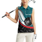 Personalised Aotearoa Lawn Bowls Women Sleeveless Polo Shirt Maori and Silver Fern Sporty Style Teal Color - Aussie Hoodie