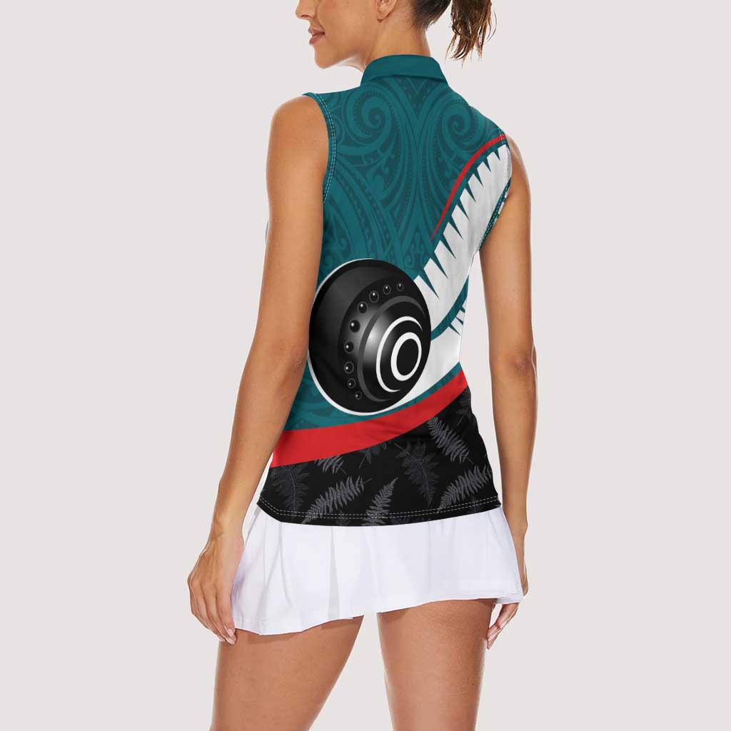 Personalised Aotearoa Lawn Bowls Women Sleeveless Polo Shirt Maori and Silver Fern Sporty Style Teal Color - Aussie Hoodie