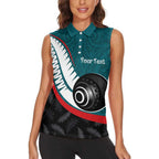 Personalised Aotearoa Lawn Bowls Women Sleeveless Polo Shirt Maori and Silver Fern Sporty Style Teal Color - Aussie Hoodie