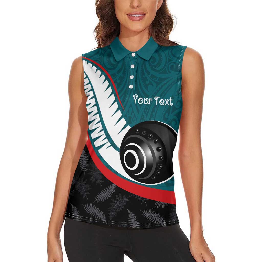 Personalised Aotearoa Lawn Bowls Women Sleeveless Polo Shirt Maori and Silver Fern Sporty Style Teal Color - Aussie Hoodie