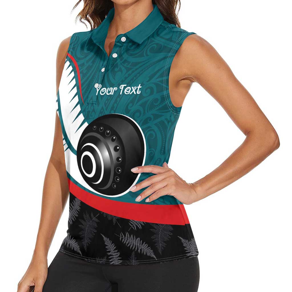 Personalised Aotearoa Lawn Bowls Women Sleeveless Polo Shirt Maori and Silver Fern Sporty Style Teal Color - Aussie Hoodie