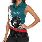 Personalised Aotearoa Lawn Bowls Women Sleeveless Polo Shirt Maori and Silver Fern Sporty Style Teal Color - Aussie Hoodie