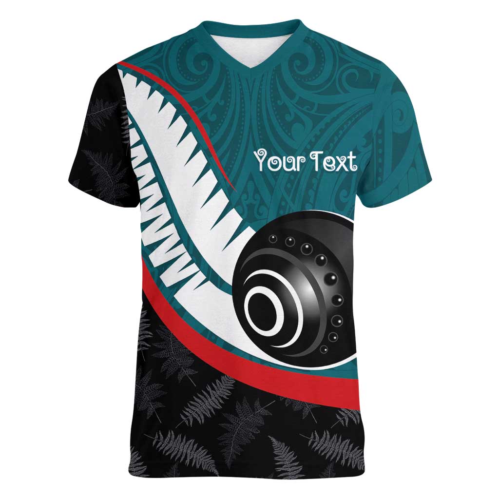 Personalised Aotearoa Lawn Bowls Women V-Neck T-Shirt Maori and Silver Fern Sporty Style Teal Color - Aussie Hoodie