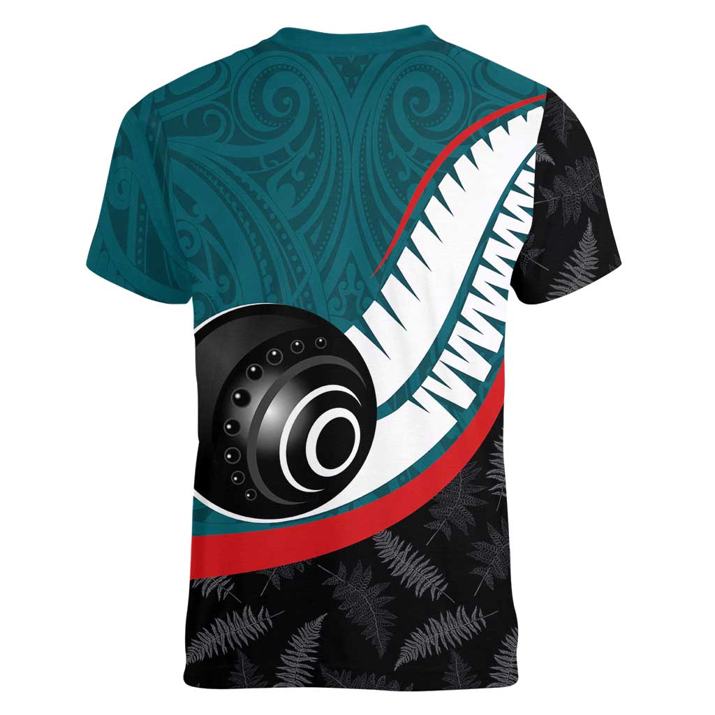 Personalised Aotearoa Lawn Bowls Women V-Neck T-Shirt Maori and Silver Fern Sporty Style Teal Color - Aussie Hoodie