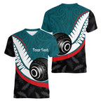 Personalised Aotearoa Lawn Bowls Women V-Neck T-Shirt Maori and Silver Fern Sporty Style Teal Color - Aussie Hoodie