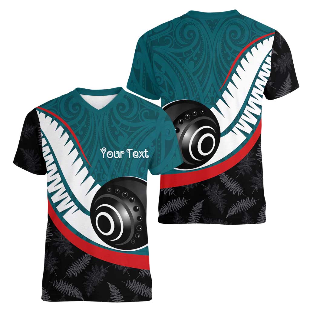 Personalised Aotearoa Lawn Bowls Women V-Neck T-Shirt Maori and Silver Fern Sporty Style Teal Color - Aussie Hoodie