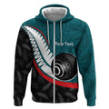 Personalised Aotearoa Lawn Bowls Zip Hoodie Maori and Silver Fern Sporty Style Teal Color - Aussie Hoodie