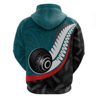 Personalised Aotearoa Lawn Bowls Zip Hoodie Maori and Silver Fern Sporty Style Teal Color - Aussie Hoodie