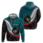 Personalised Aotearoa Lawn Bowls Zip Hoodie Maori and Silver Fern Sporty Style Teal Color - Aussie Hoodie