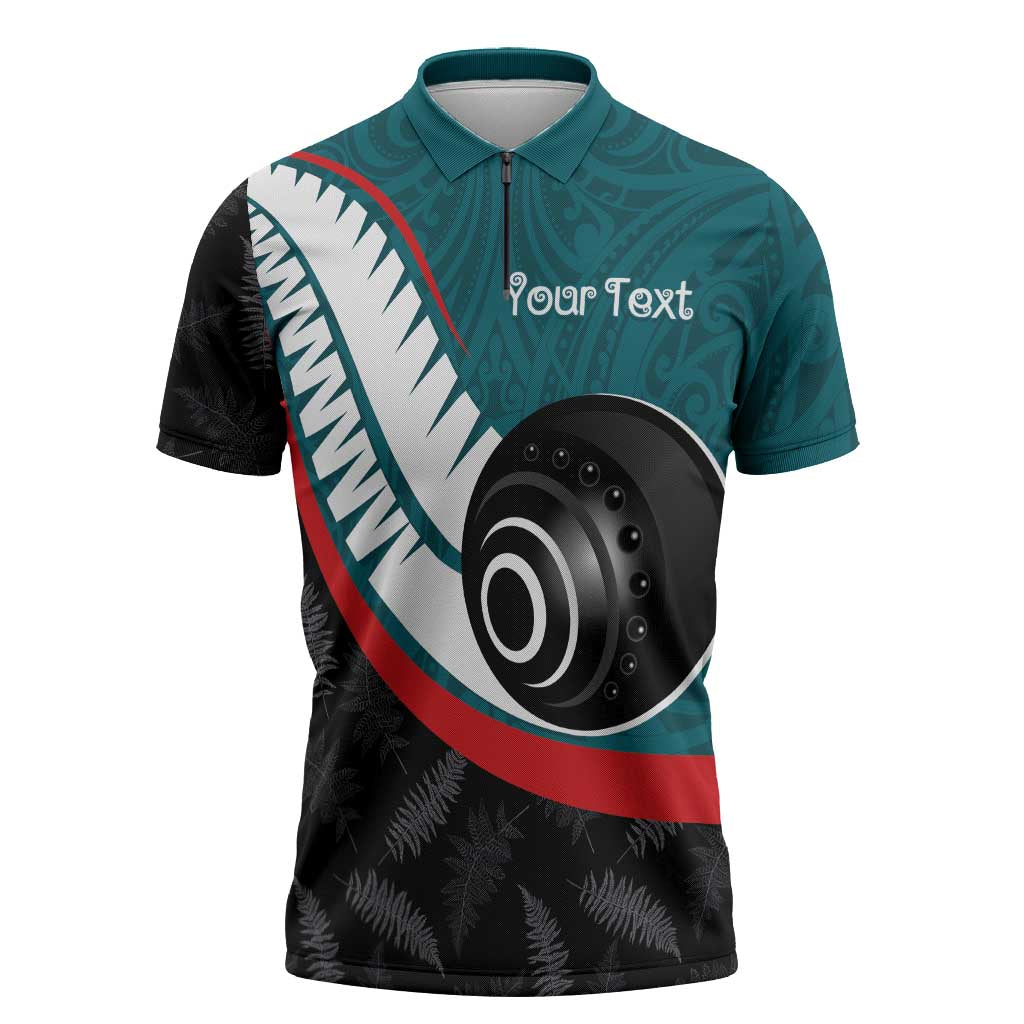 Personalised Aotearoa Lawn Bowls Zipper Polo Shirt Maori and Silver Fern Sporty Style Teal Color - Aussie Hoodie