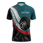 Personalised Aotearoa Lawn Bowls Zipper Polo Shirt Maori and Silver Fern Sporty Style Teal Color - Aussie Hoodie