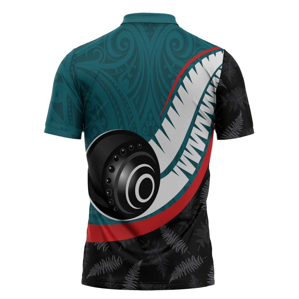 Personalised Aotearoa Lawn Bowls Zipper Polo Shirt Maori and Silver Fern Sporty Style Teal Color - Aussie Hoodie